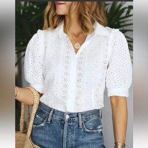 Splendid Top X Cella Jane White Eyelet Button Down Short Sleeve Shirt Large